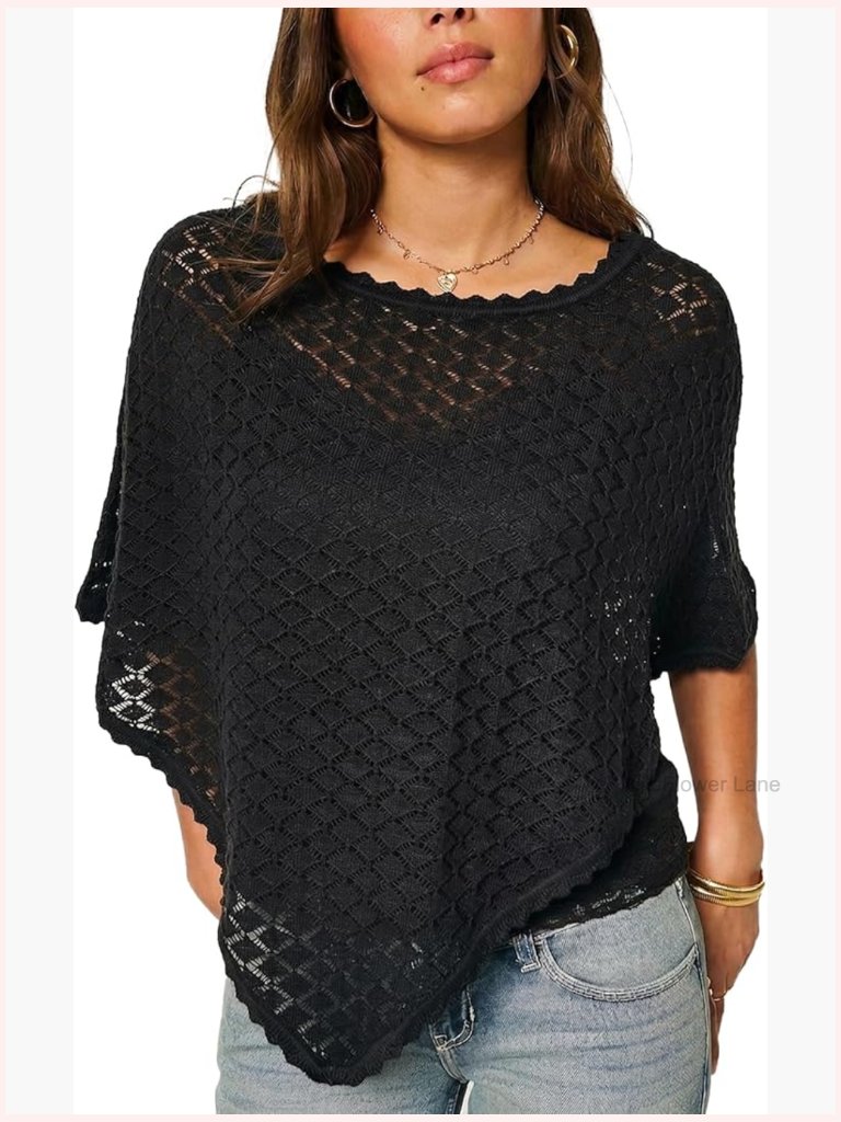 Open Stitch Cropped Poncho Cape With Scalloped Trim Sheer Batwing Shawl Wrap